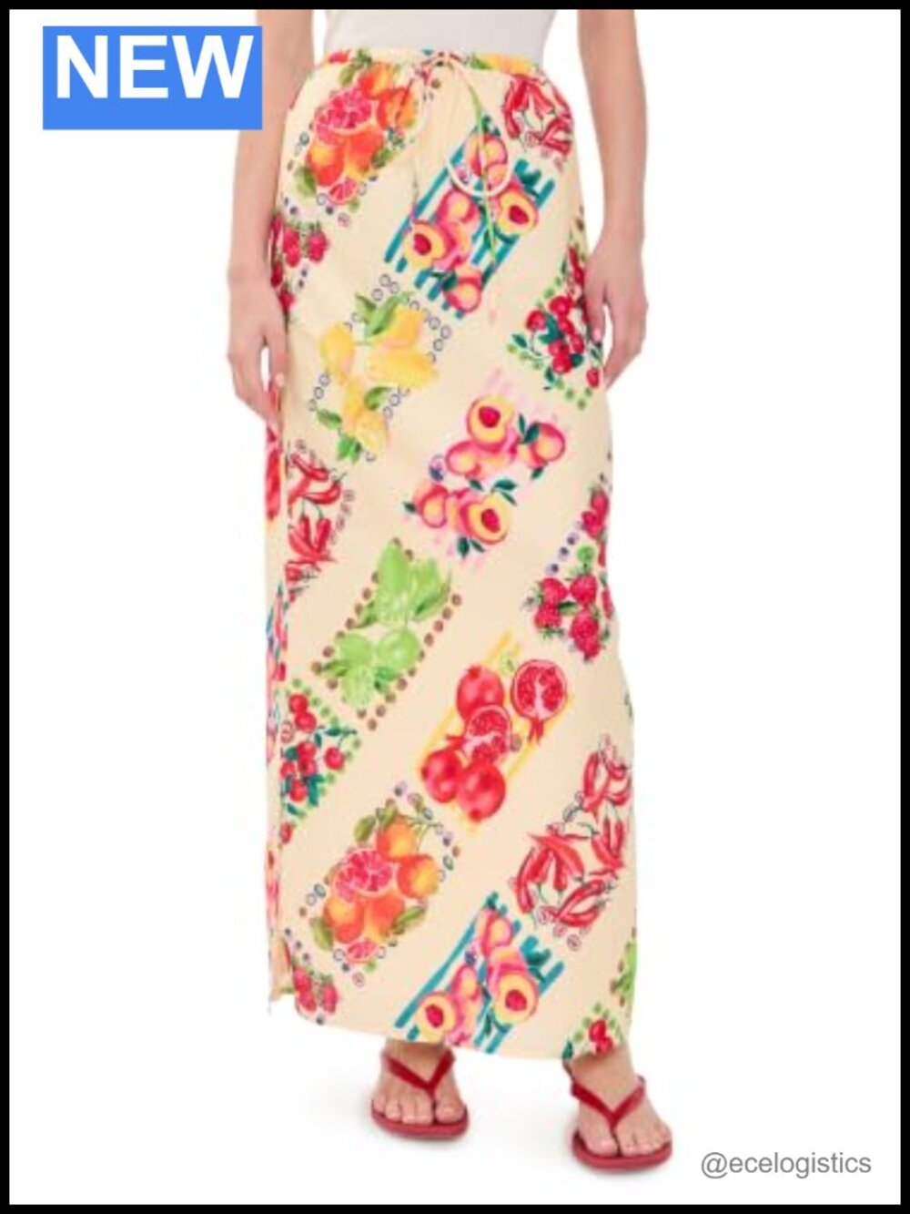 Maxi Skirt High Rise Cotton Linen Fruit Print Side Slit